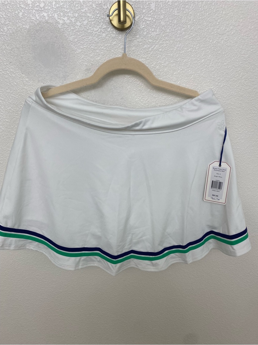 Women's White Tennis Skirt with Blue and Green Stripe